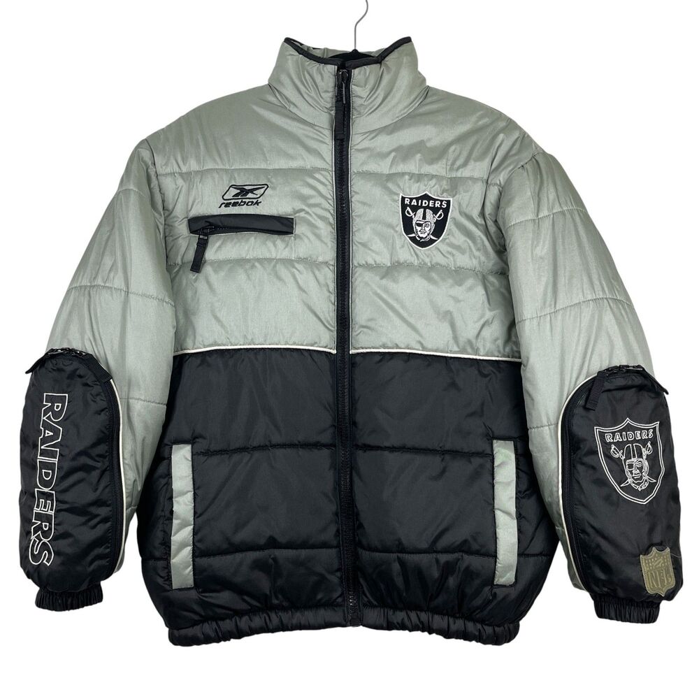 Vintage Reebok Oakland Raiders NFL Puffer Jacket Youth Junior Large Black Silver